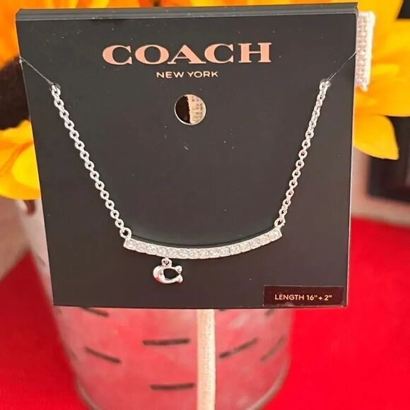 COACH Signature C Pave Bar Charm Necklace Silver Tone 18” Total NWT # TSNK - Picture 10 of 10
